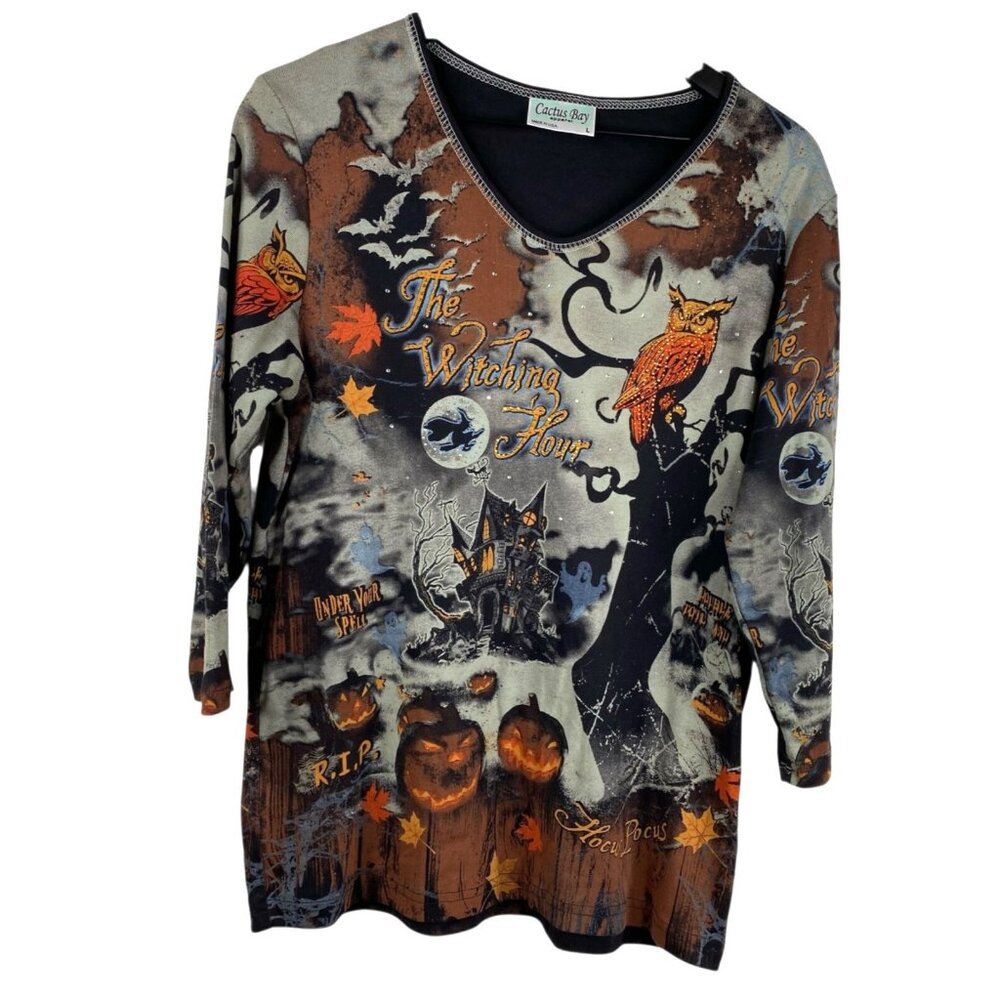 Cactus Bay Top Women's Halloween The Witching Hour Owl Rhinestone Black Size L